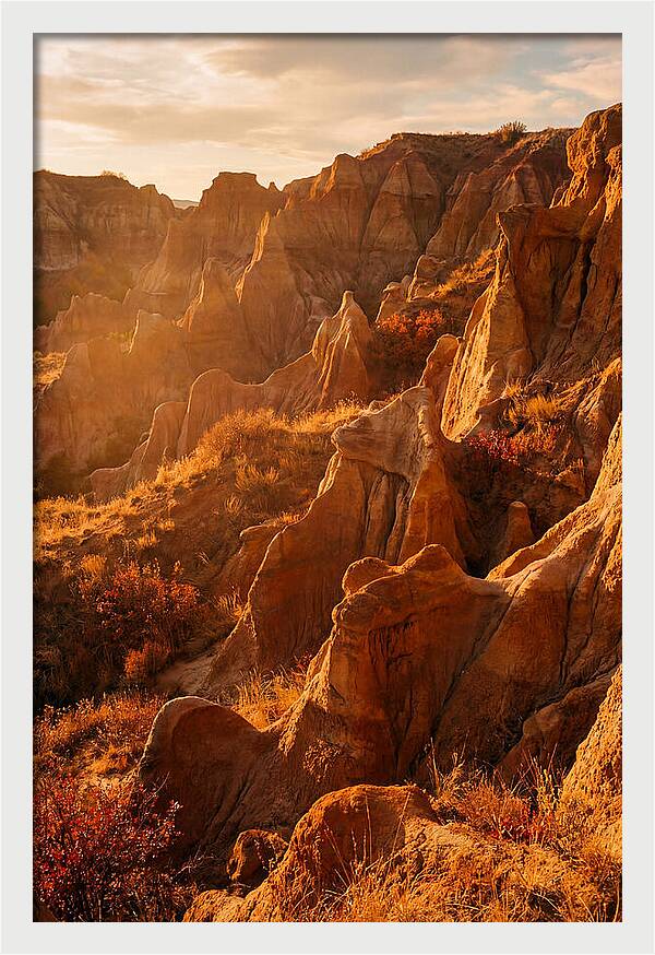 Eroded Mudstone Formations At Sunset