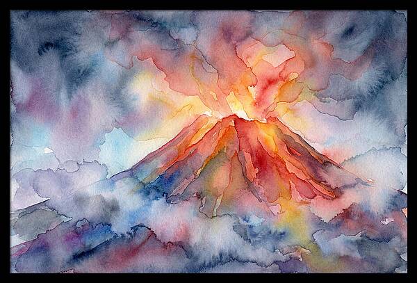 Erupting Volcano In Watercolor