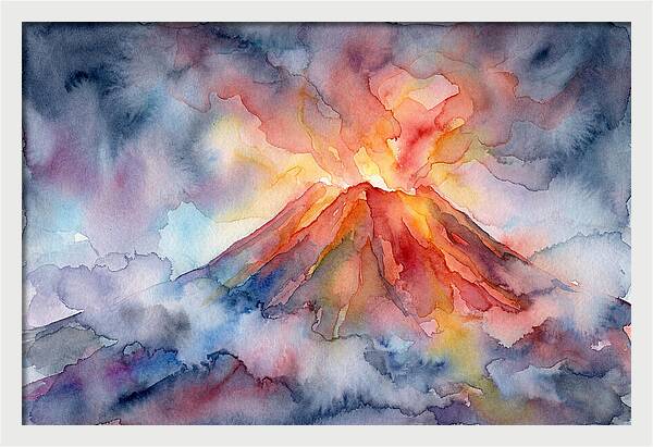 Erupting Volcano In Watercolor