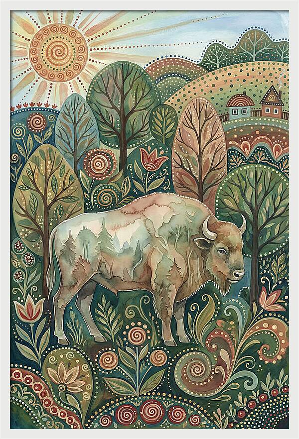 European Bison In A Folk Landscape