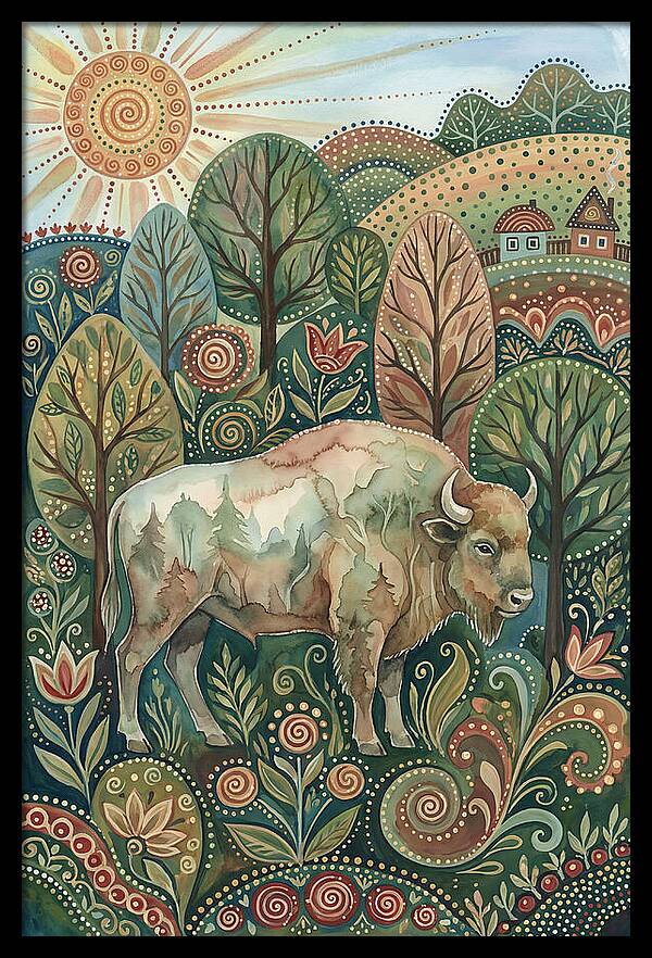 European Bison In A Folk Landscape