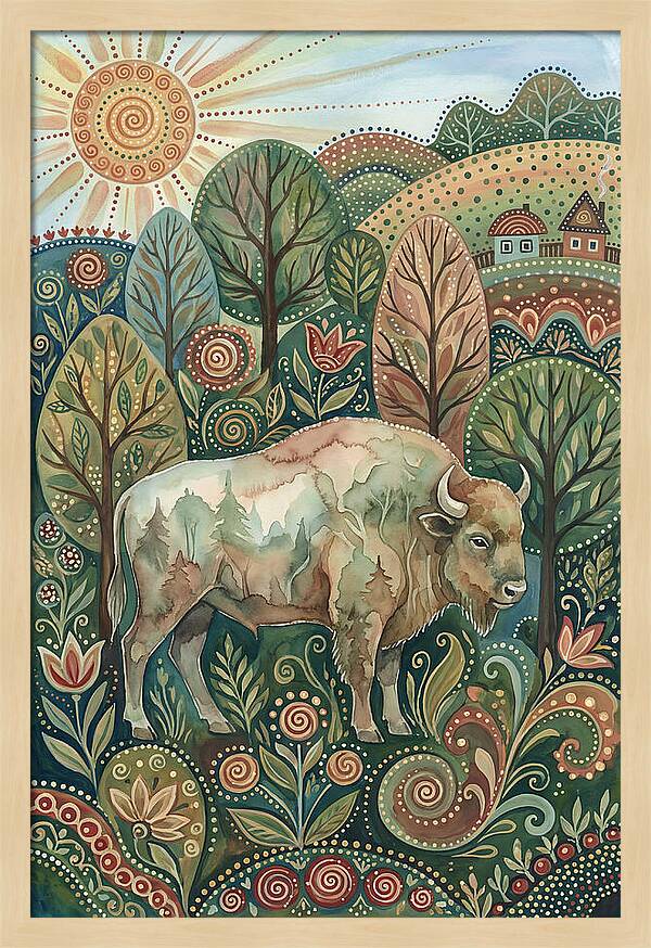European Bison In A Folk Landscape