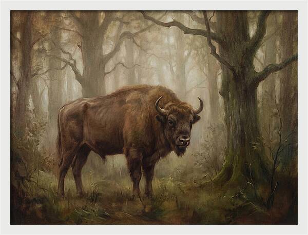 European Bison In Misty Forest