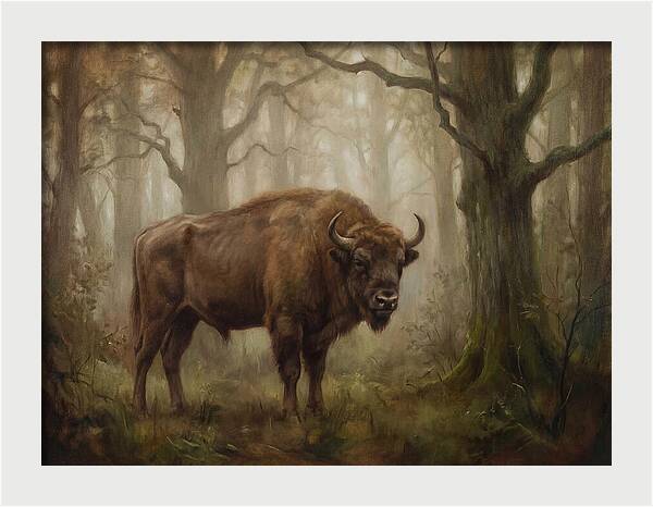 European Bison In Misty Forest