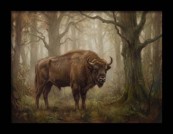 European Bison In Misty Forest