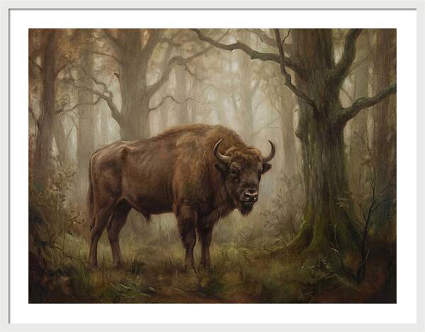 European Bison In Misty Forest