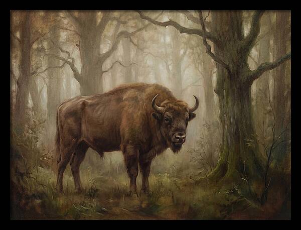 European Bison In Misty Forest