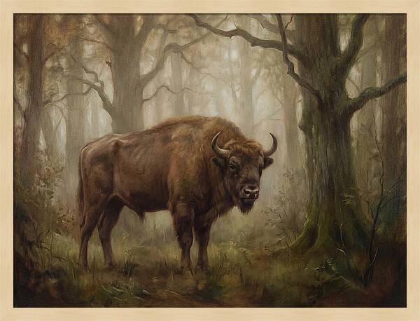 European Bison In Misty Forest