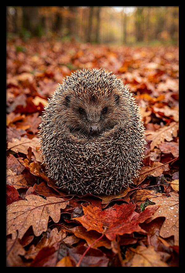European Hedgehog In Autumn Leaves