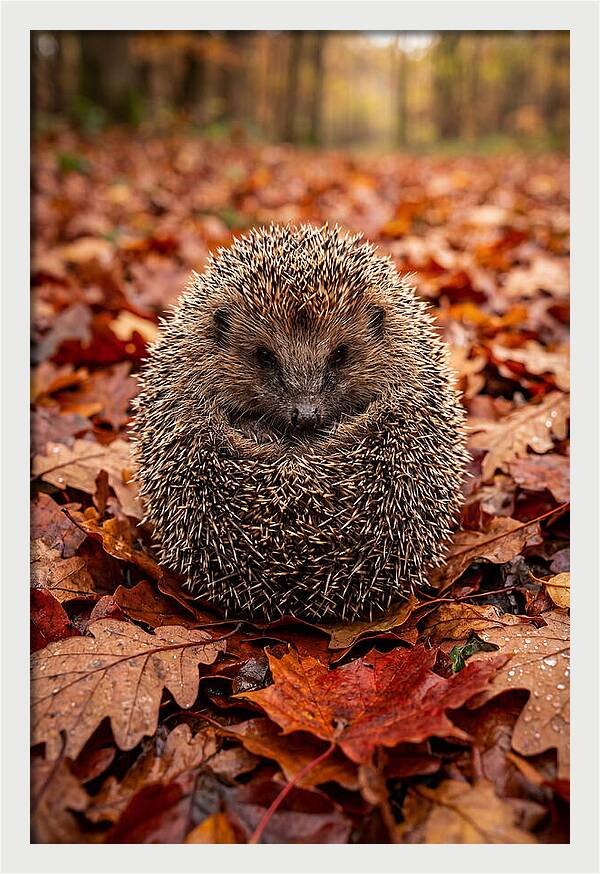 European Hedgehog In Autumn Leaves