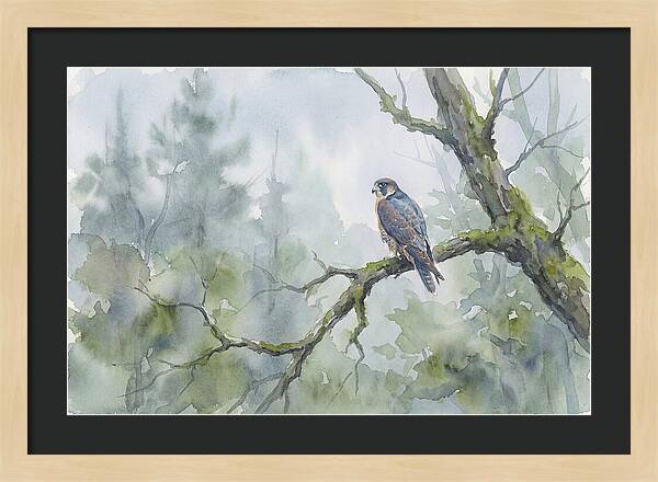 Falcon Perched In Misty Forest