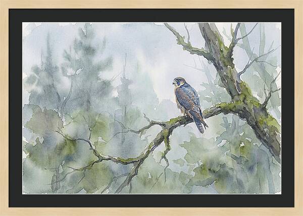 Falcon Perched In Misty Forest
