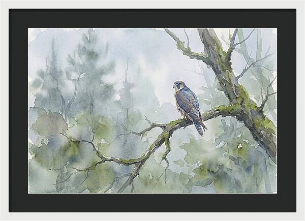 Falcon Perched In Misty Forest