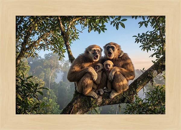 Family Of Gibbons Vocalizing Together