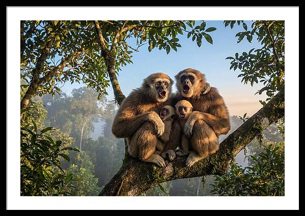 Family Of Gibbons Vocalizing Together