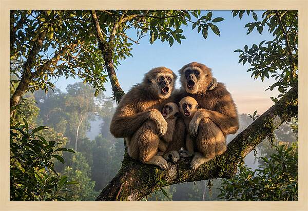 Family Of Gibbons Vocalizing Together
