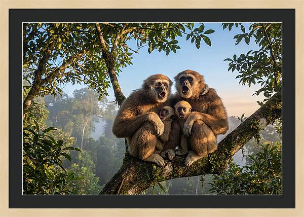 Family Of Gibbons Vocalizing Together