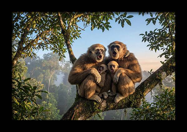 Family Of Gibbons Vocalizing Together