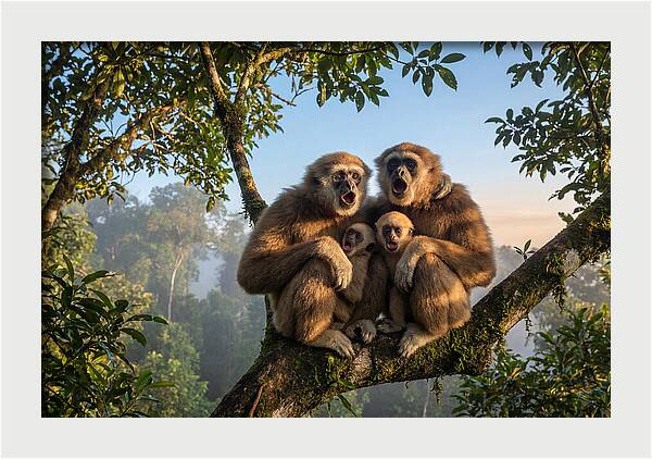 Family Of Gibbons Vocalizing Together