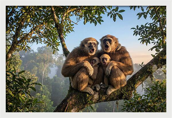 Family Of Gibbons Vocalizing Together
