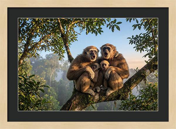 Family Of Gibbons Vocalizing Together