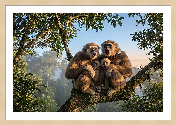 Family Of Gibbons Vocalizing Together