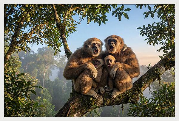 Family Of Gibbons Vocalizing Together