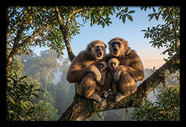 Family Of Gibbons Vocalizing Together
