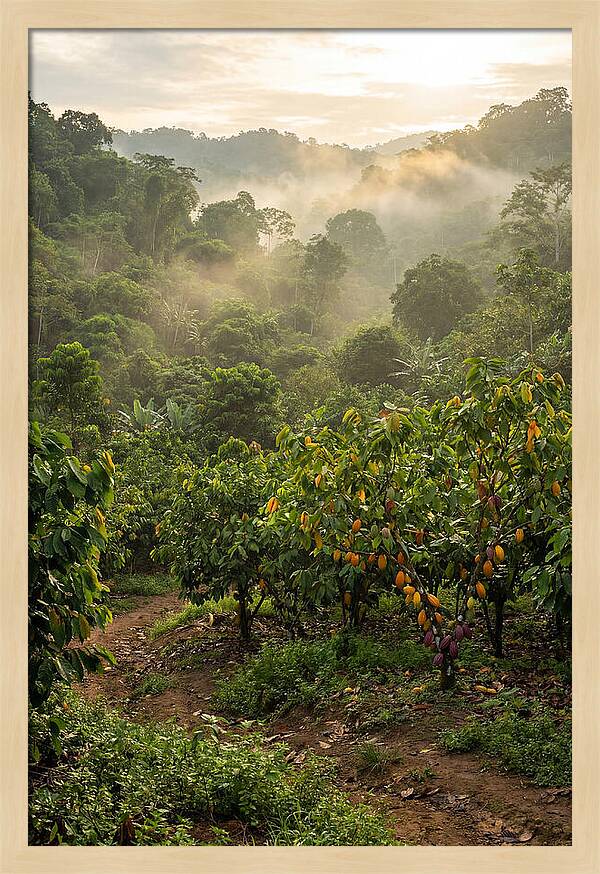 Farm Cacao Under Misty Sunrise