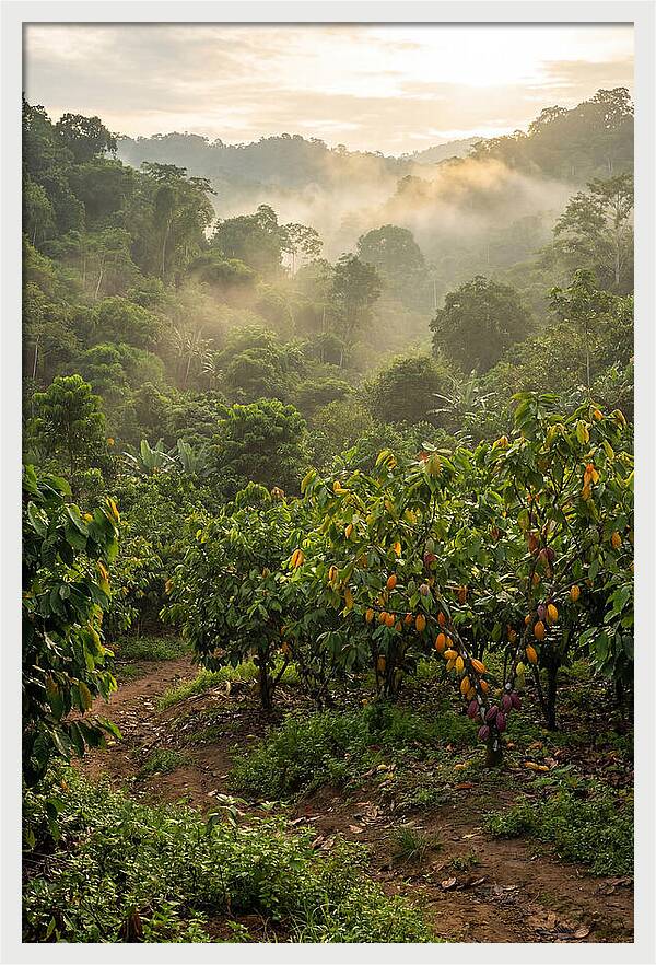 Farm Cacao Under Misty Sunrise