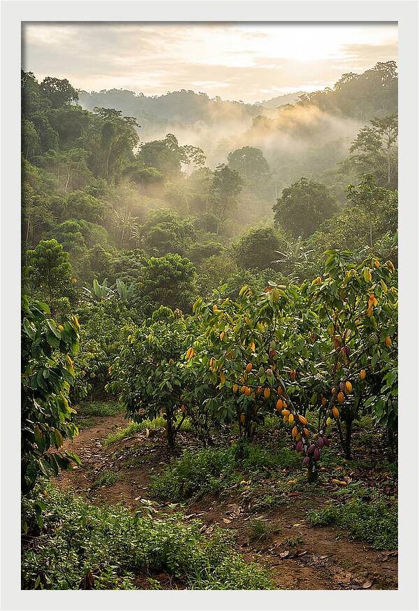 Farm Cacao Under Misty Sunrise