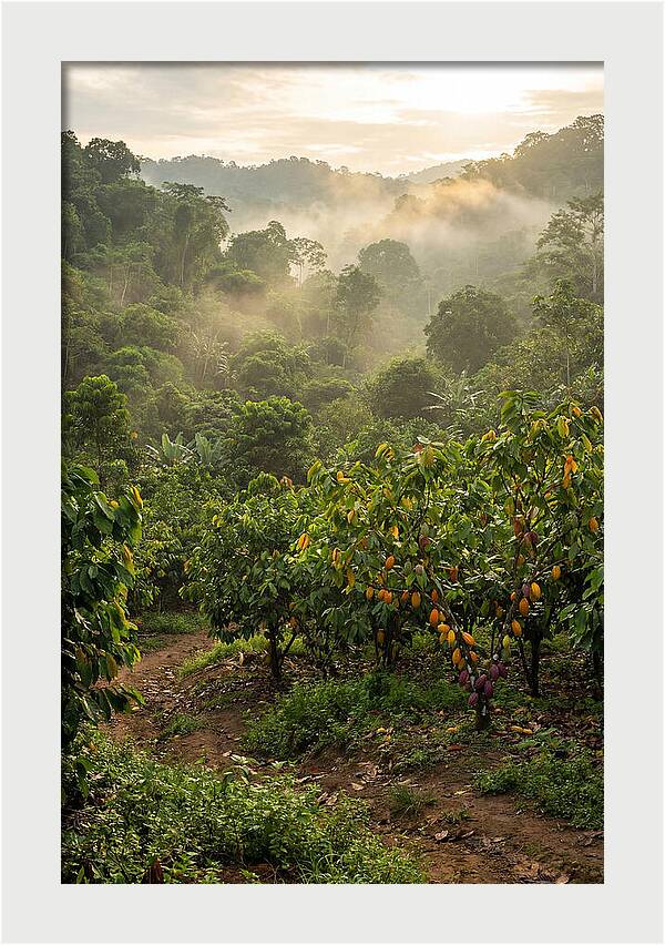 Farm Cacao Under Misty Sunrise