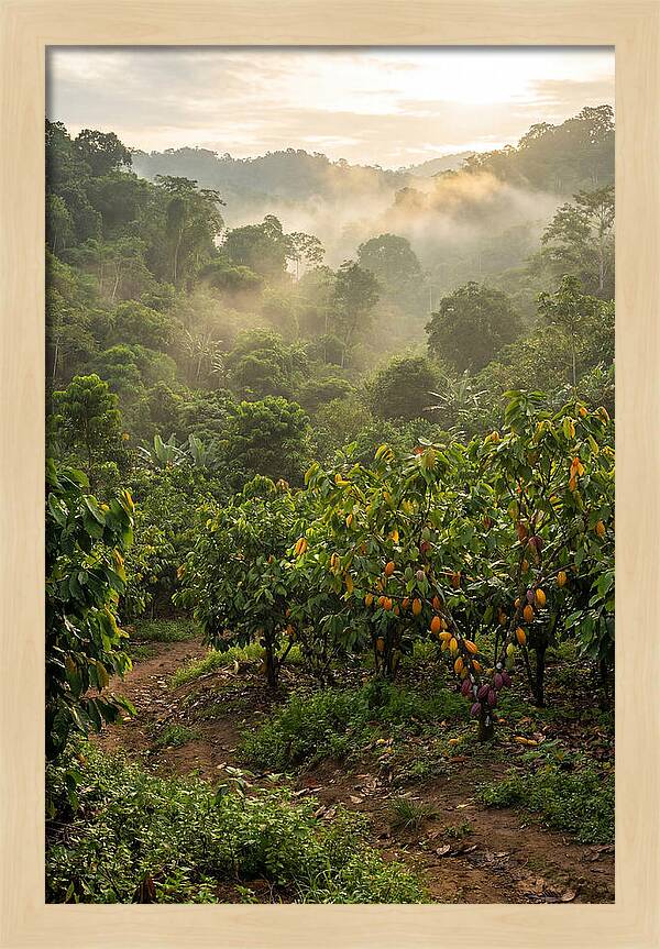 Farm Cacao Under Misty Sunrise