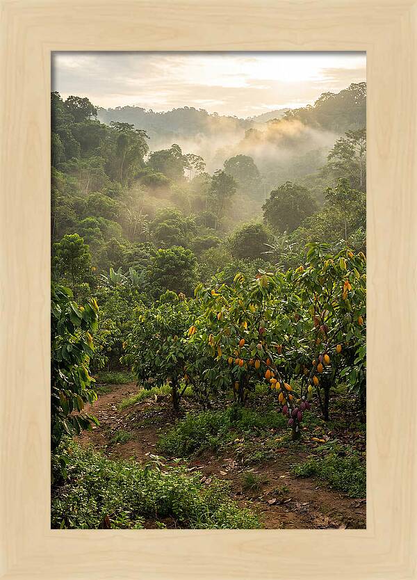 Farm Cacao Under Misty Sunrise