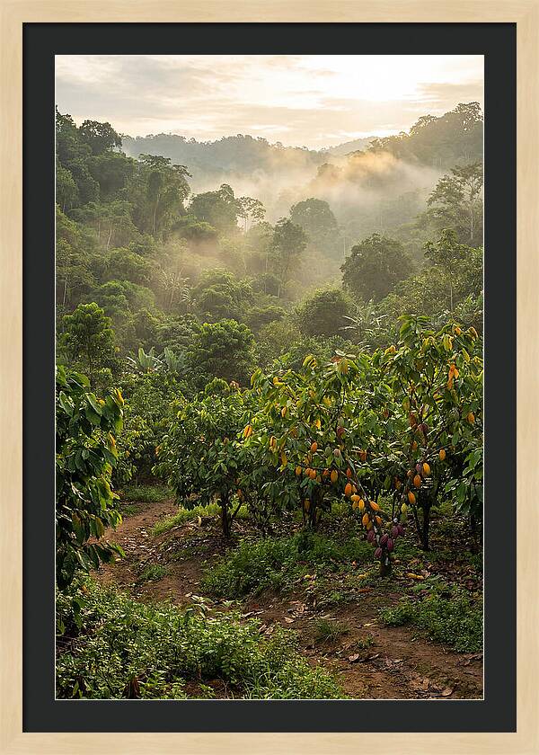 Farm Cacao Under Misty Sunrise