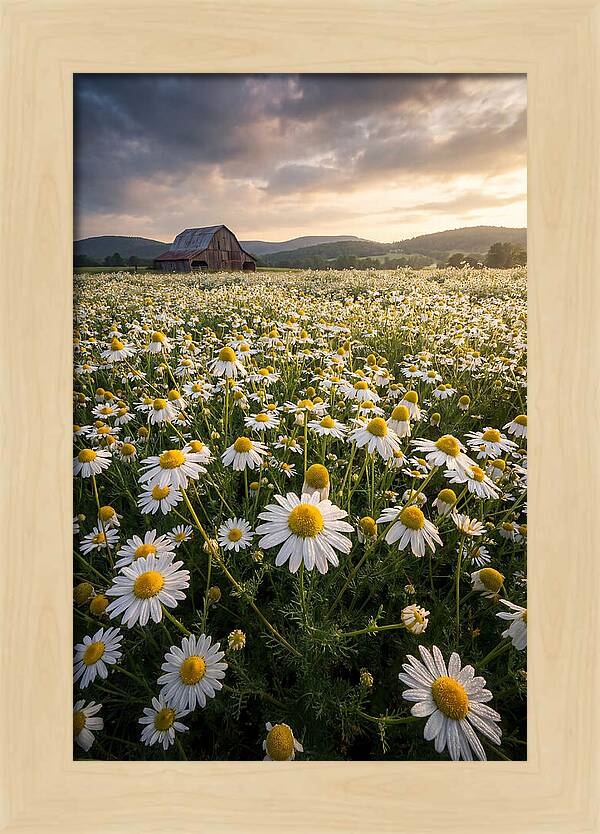 Farm Chamomile Field At Dusk