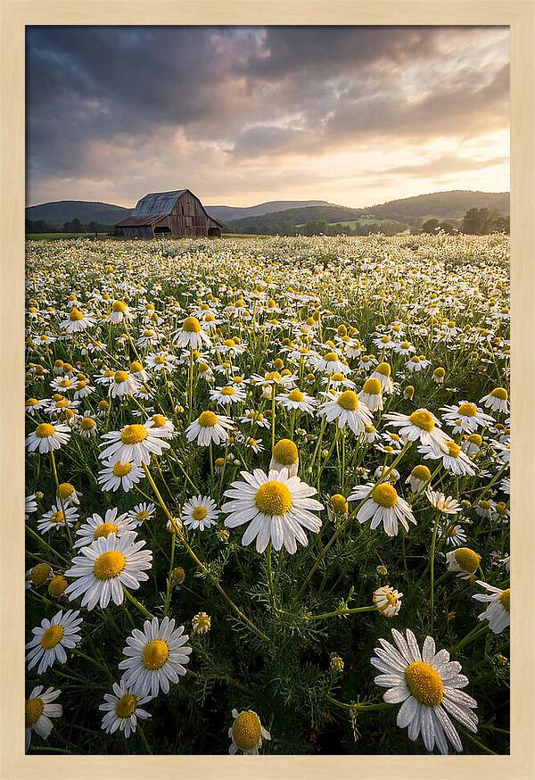 Farm Chamomile Field At Dusk