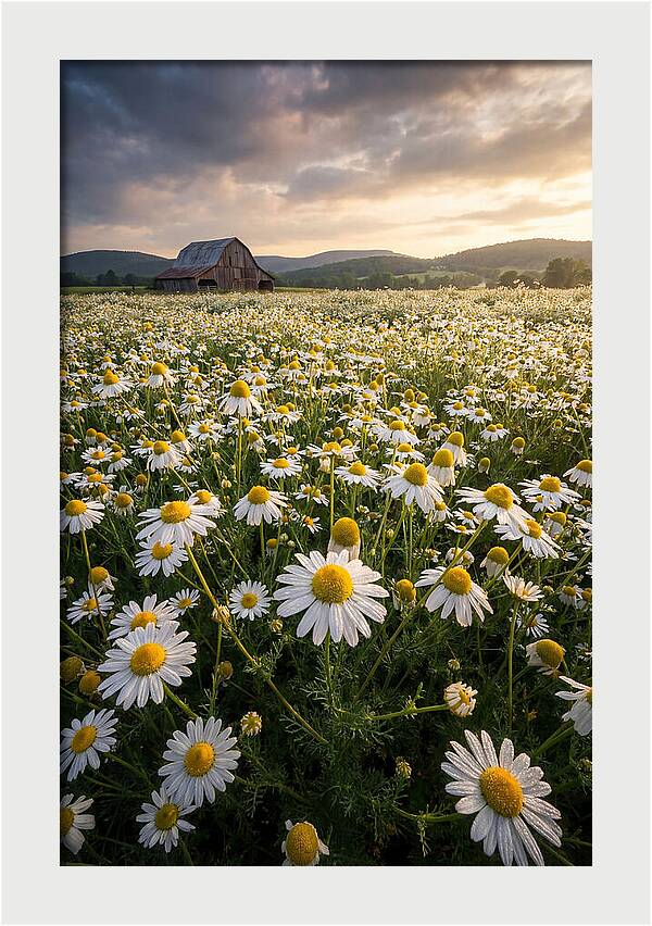 Farm Chamomile Field At Dusk