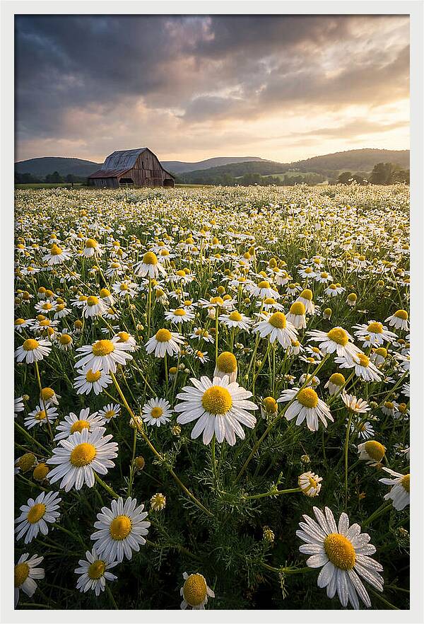 Farm Chamomile Field At Dusk