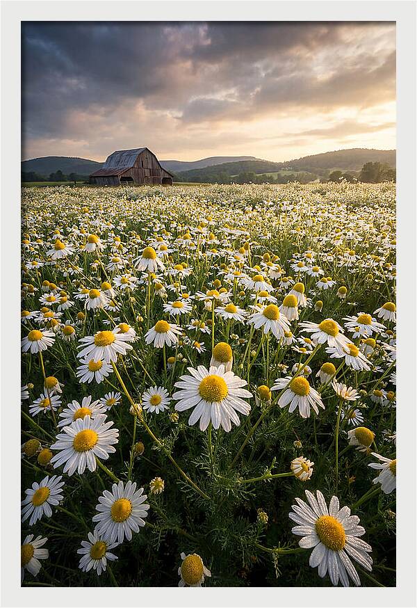 Farm Chamomile Field At Dusk