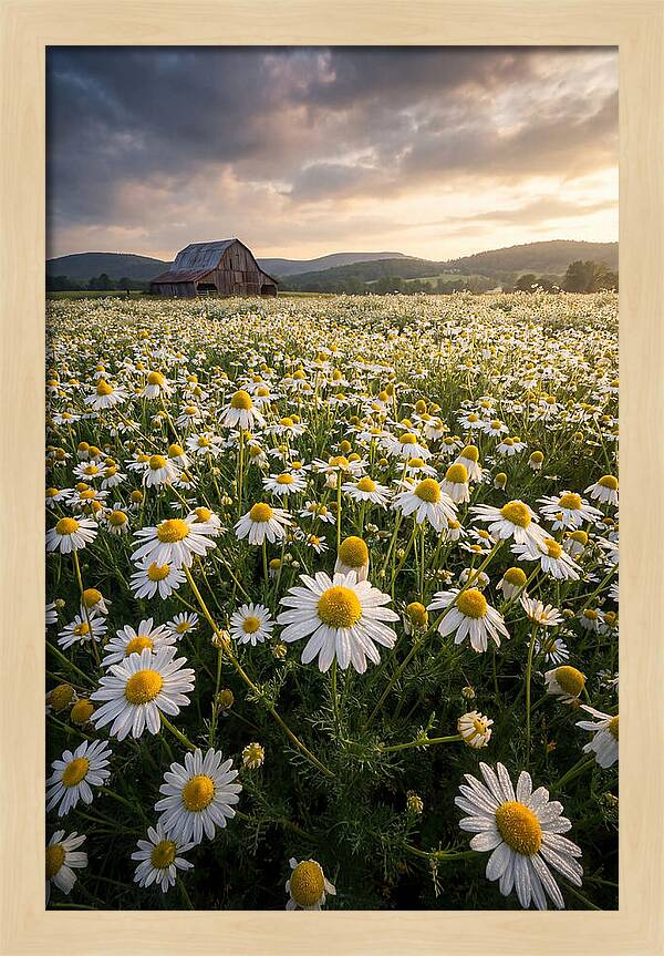 Farm Chamomile Field At Dusk