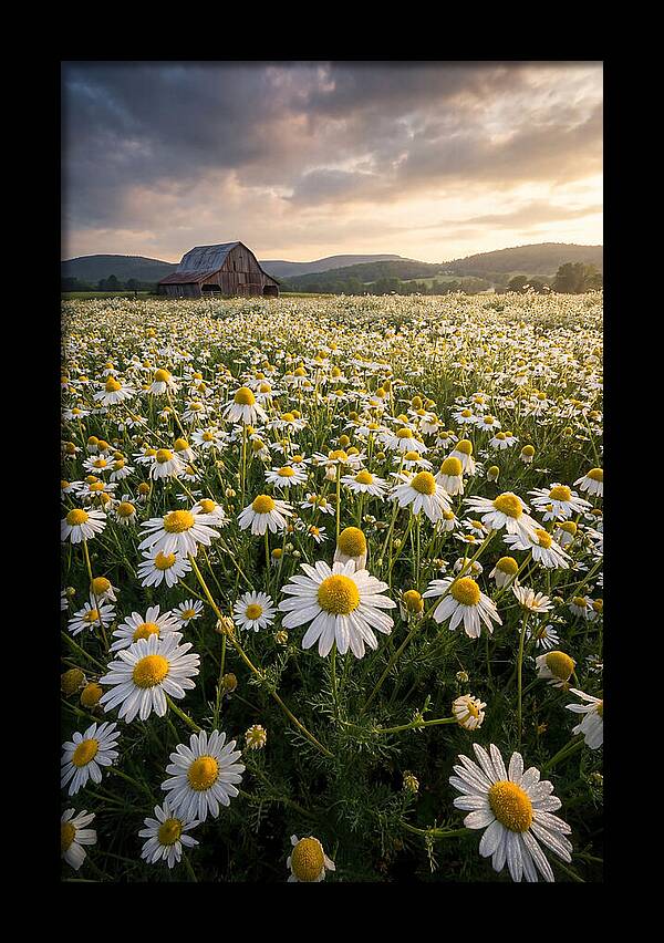 Farm Chamomile Field At Dusk