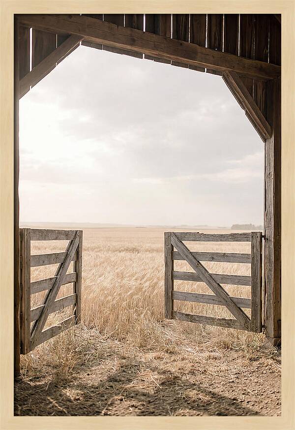 Farm Gate Open To Golden Wheat Field