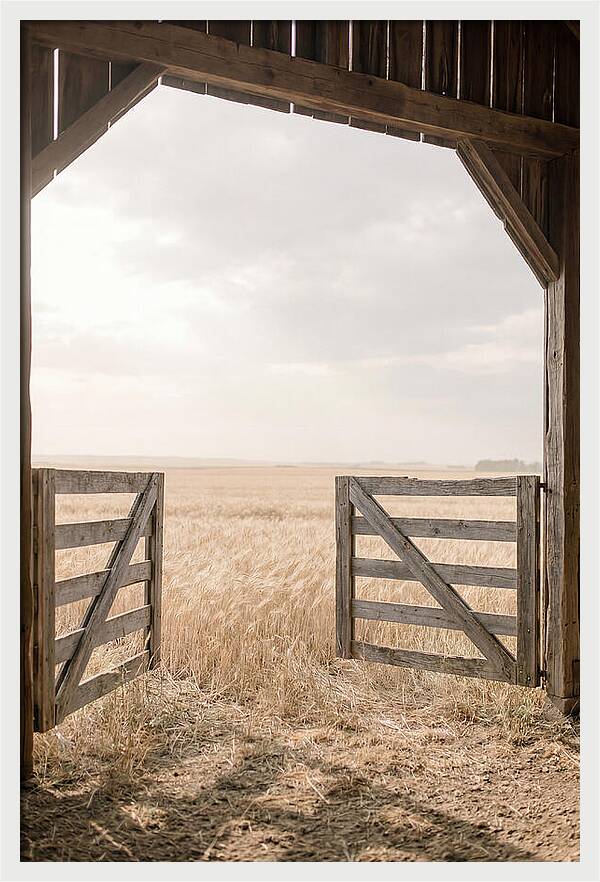 Farm Gate Open To Golden Wheat Field