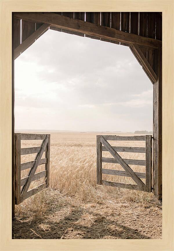 Farm Gate Open To Golden Wheat Field