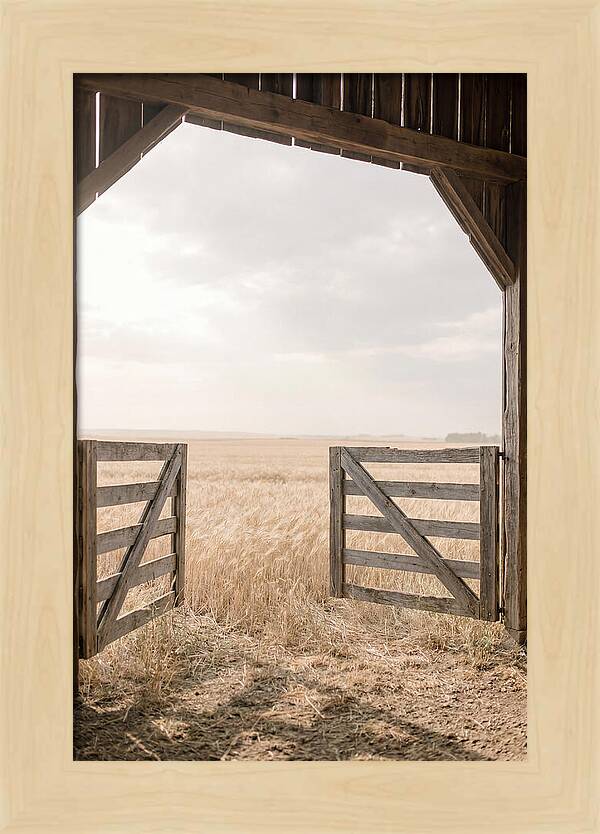 Farm Gate Open To Golden Wheat Field
