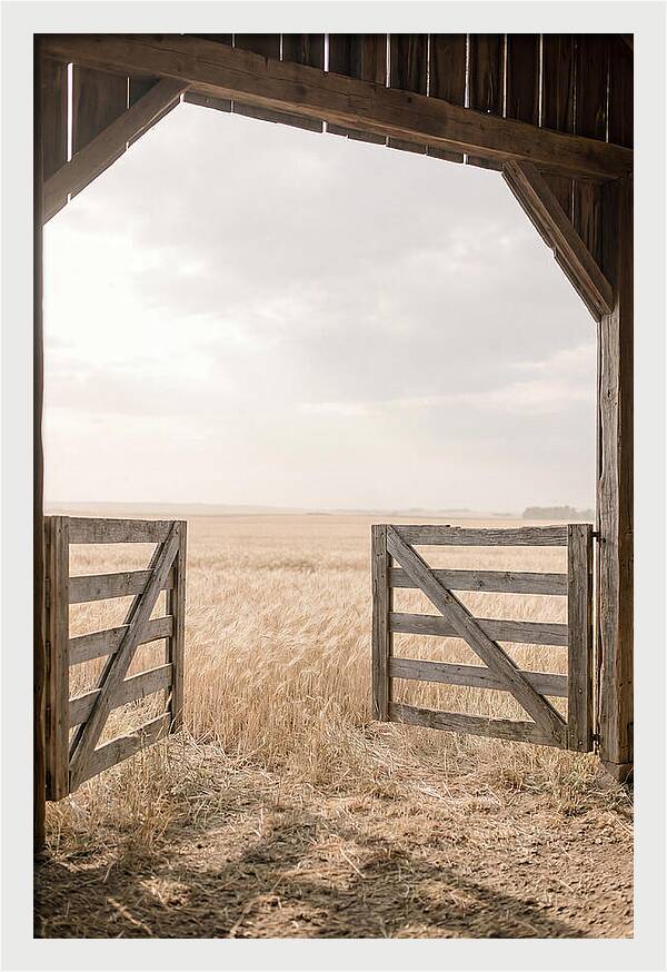 Farm Gate Open To Golden Wheat Field