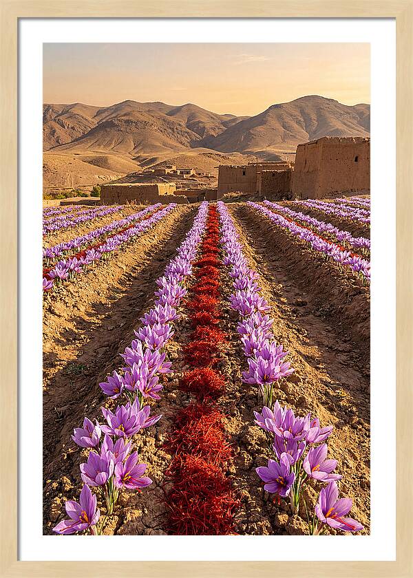Farm Saffron Fields At Sunset