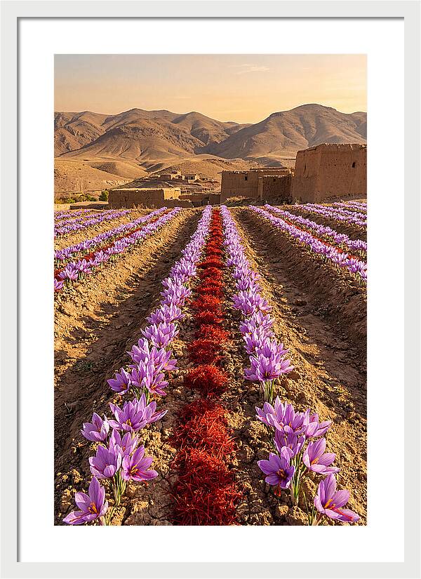 Farm Saffron Fields At Sunset