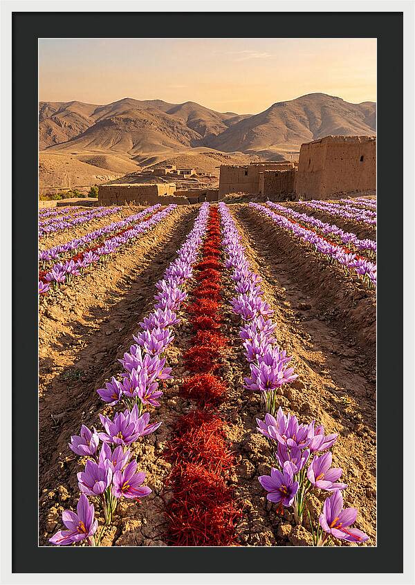 Farm Saffron Fields At Sunset